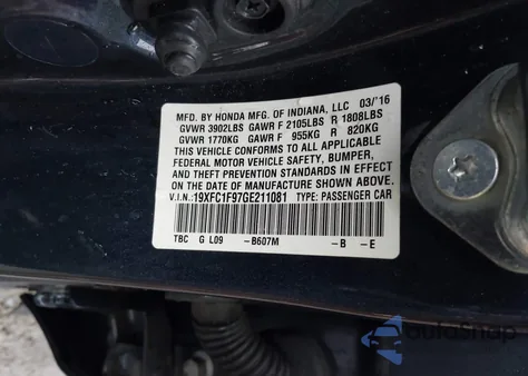 2016 Honda Civic Touring from USA, damaged, VIN 19XFC1F97GE211081